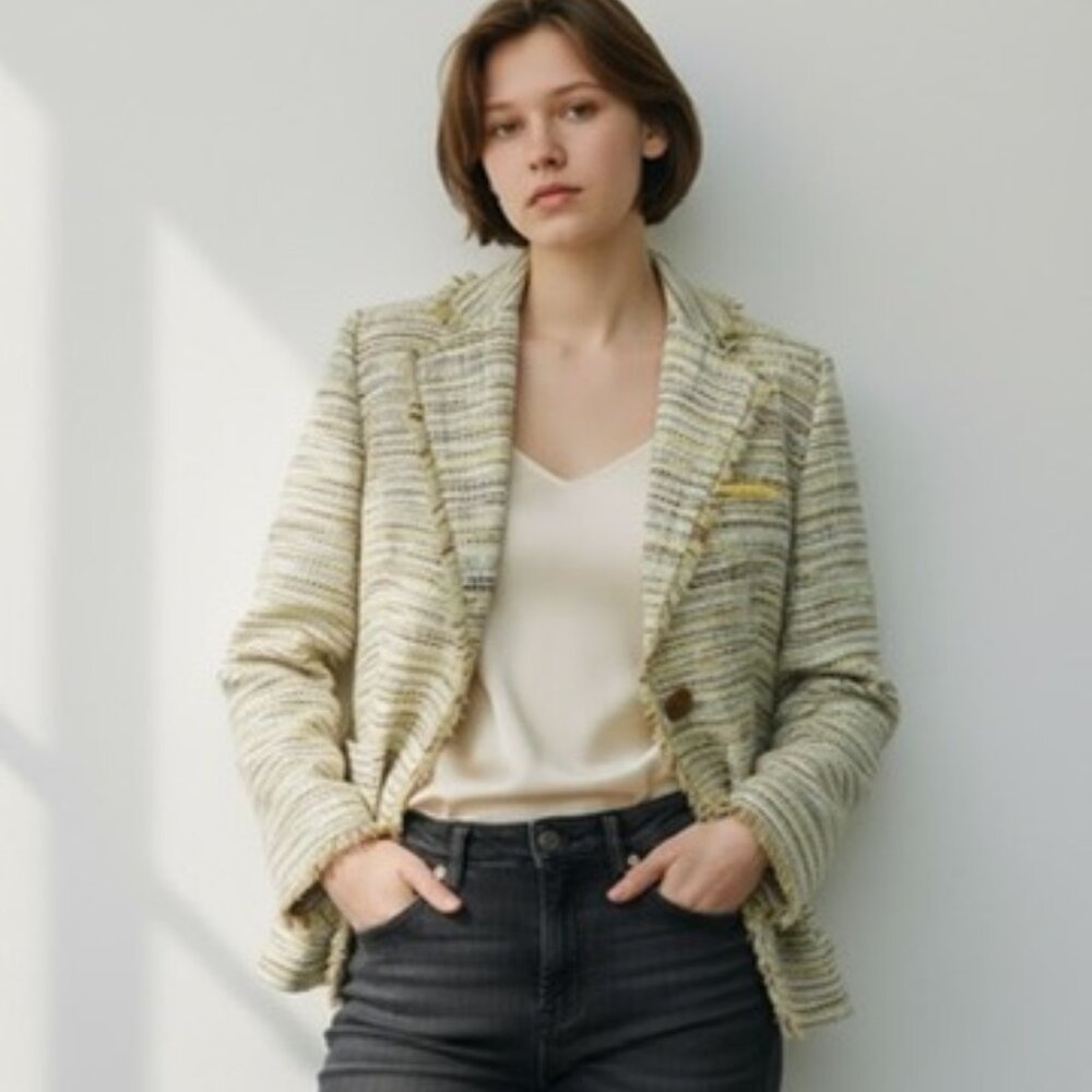 Vintage Rena Lange Niehaus Multicolor Tweed Fringe Eyelash Trim Blazer Size M/L